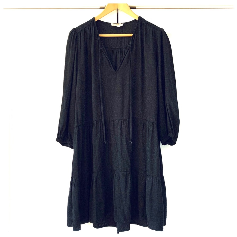 Nation LTD Dress Tiered Peasant Black A Line 3/4 Sleeve Split Neck Boho Size M